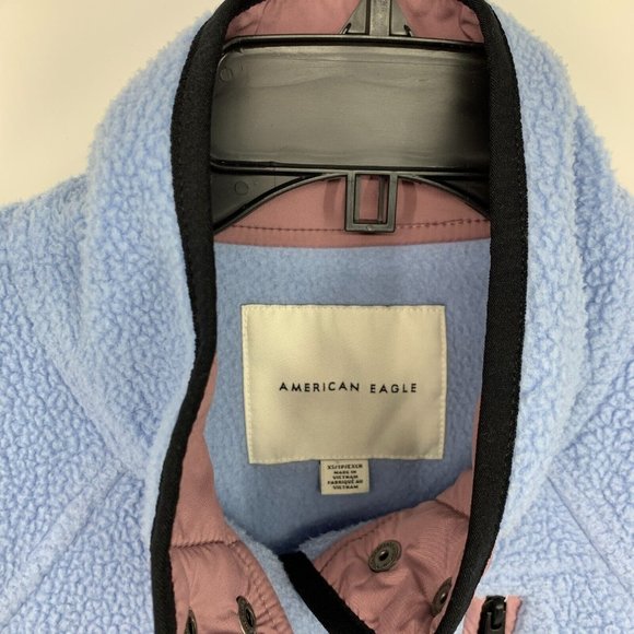American Eagle Jacket Blue Sherpa Button Snap Mock Neck Zip Pocket - Picture 5 of 14